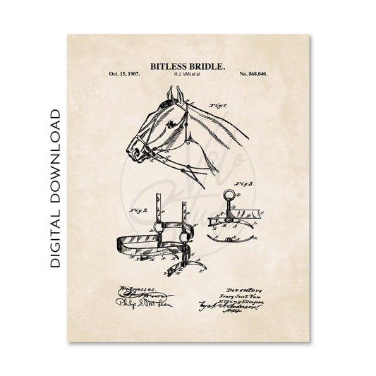 Vintage-style diagram of a bitless bridle with technical illustrations on a beige background.