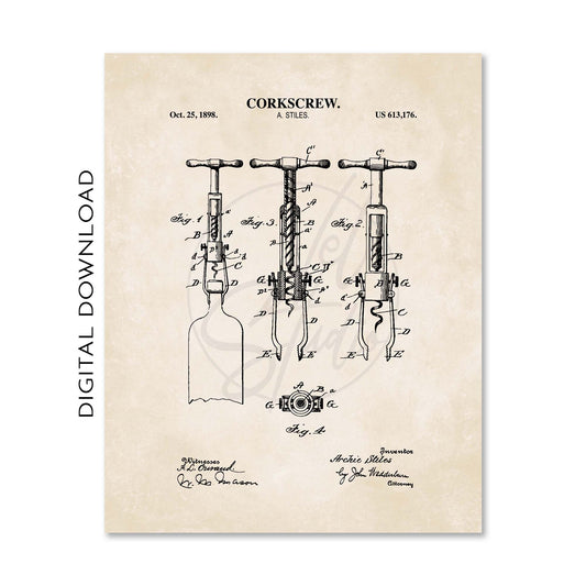Vintage cork screw patent illustration on a beige background
