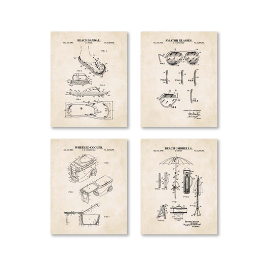 Four beach themed patent-style posters on a beige background