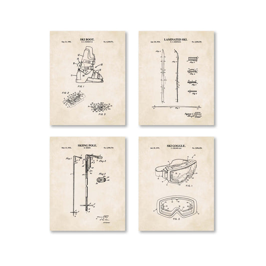 Skiing Patent Wall Art Set - Boot, Ski, Pole and Goggle - Ready to Frame Prints