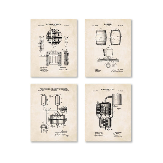 Set of four vintage-style whiskey production patent prints on a vintage beige background with black graphic