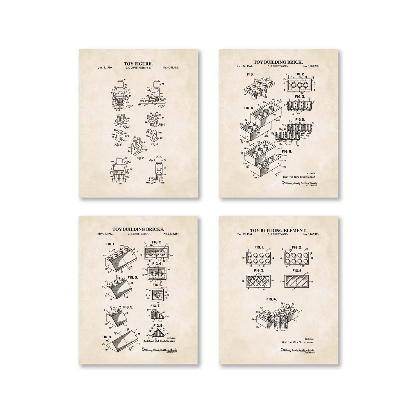 Toy Brick Patent Print Wall Art - Set of 4 Physical Prints