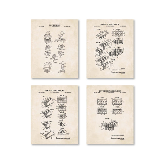 Toy Brick Patent Print Wall Art - Set of 4 Ready to Frame Prints