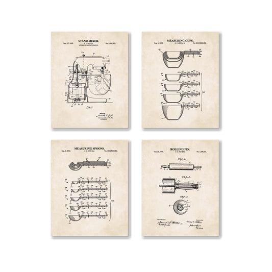 A set of four framed vintage patent prints of kitchen tools including a rolling pin, measuring cups, measuring spoons, and a stand mixer with vintage beige background and black graphic.