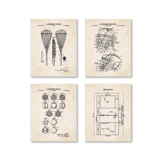 Four vintage-style posters showing diagrams of a lacrosse stick, helmet, ball, and field on a beige vintage background.