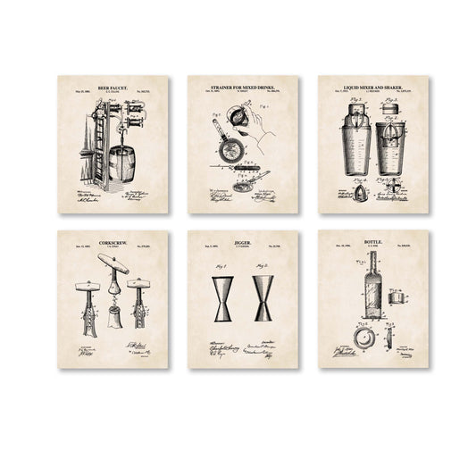 Bar Cart Patent Wall Art - Set of 6 Ready to Frame Prints