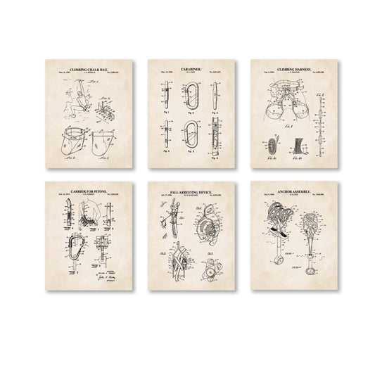 Rock Climbing Patent Wall Art - Set of 6 Ready to Frame Prints
