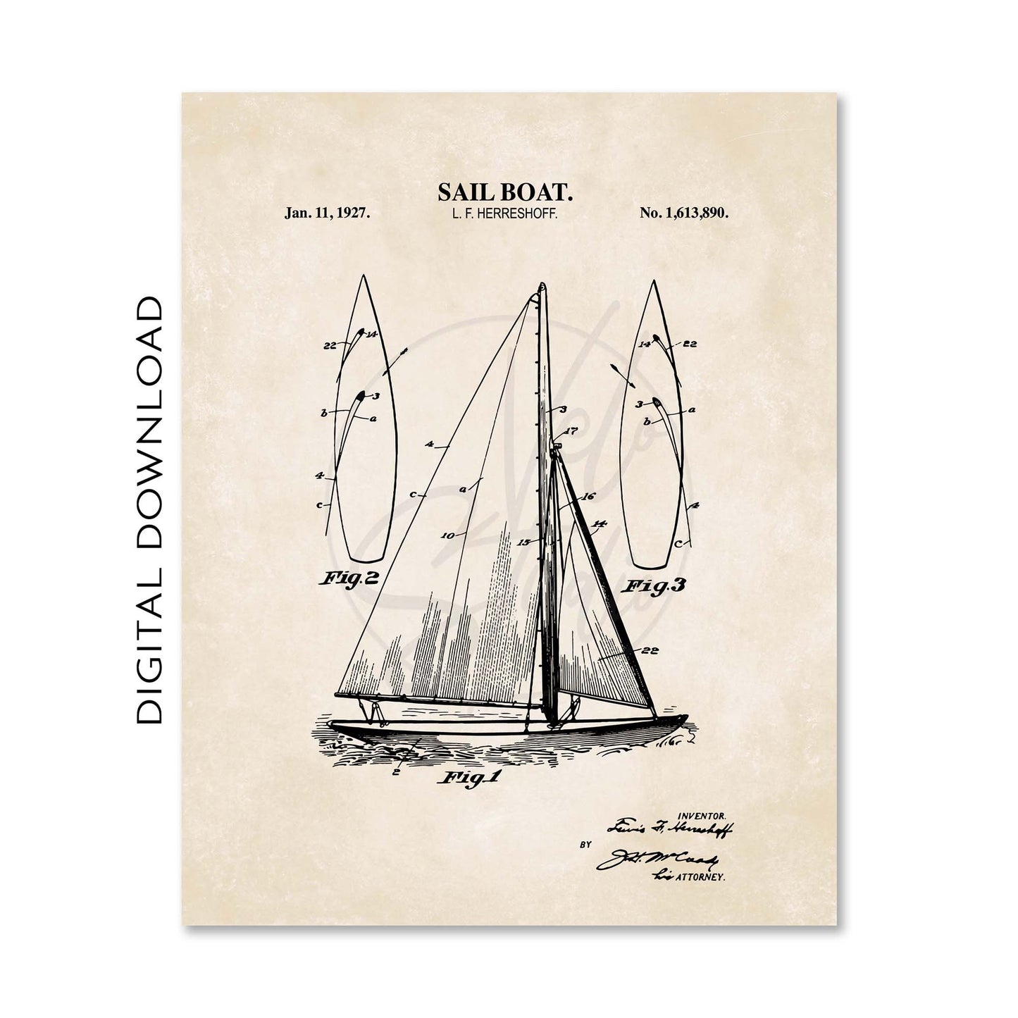 Nautical Sailing Patent Print Wall Art - Vintage Coastal Set of 6 - PRINTABLE DIGITAL DOWNLOAD