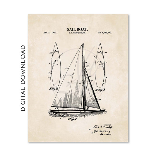 Sailboat patent illustration on a beige background with text