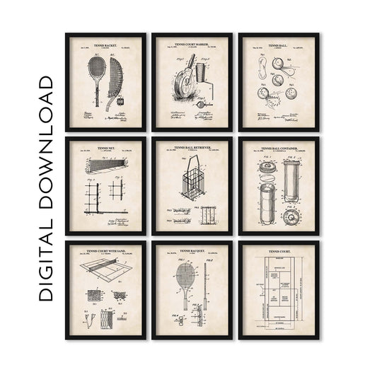 Tennis Patent Print Wall Art Bundle - Set of 9 - DIGITAL DOWNLOAD