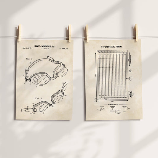Swimming Wall Art Set - Swim Goggles & Pool- Ready to Frame Prints