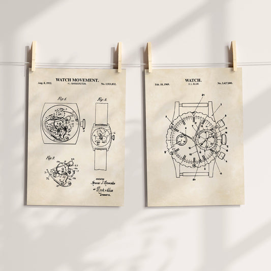 Two vintage watch patent prints on antique-style cream backgrounds