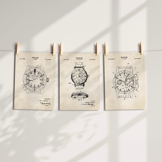 Watch Patent Print Wall Art - Set of 3 - Ready to Frame Prints