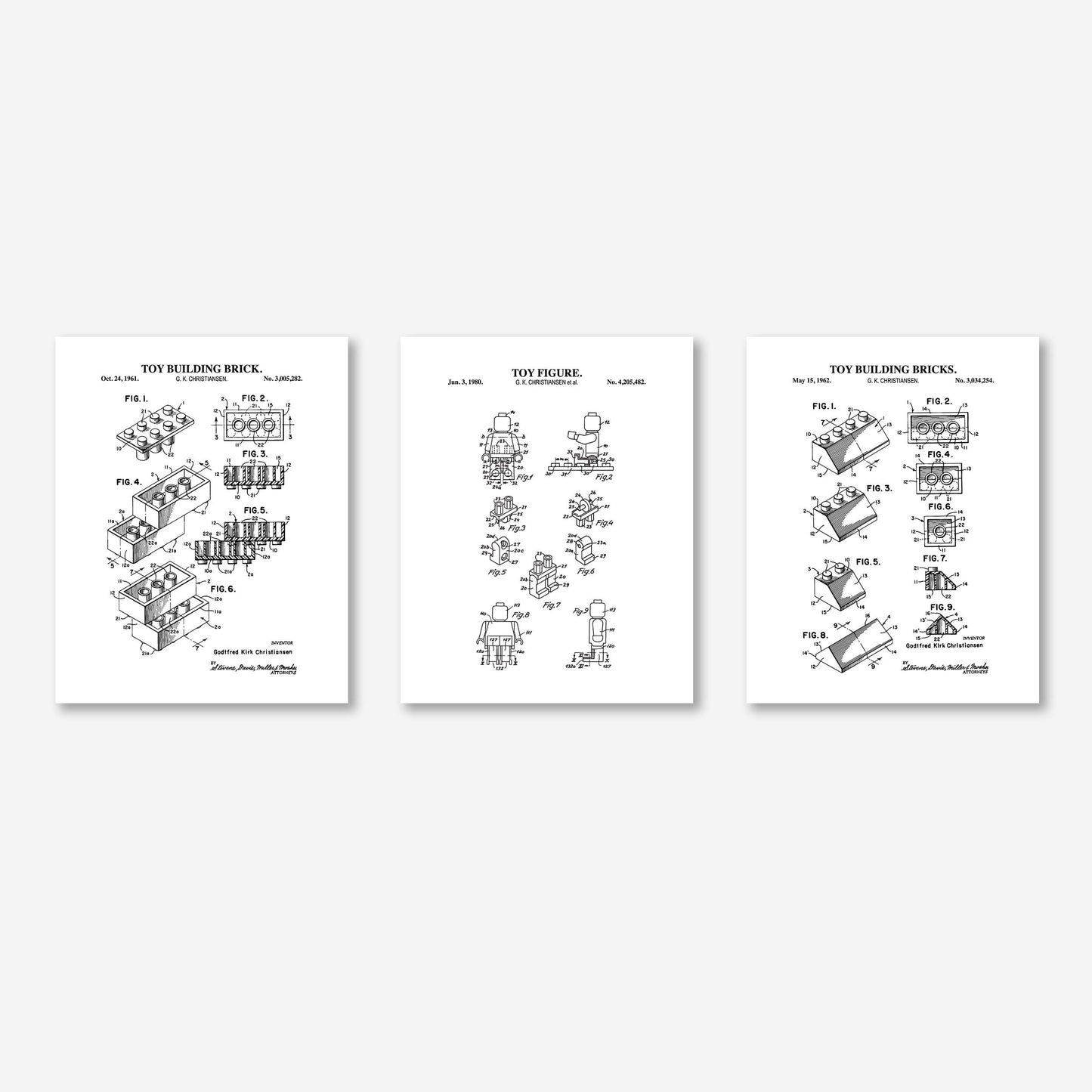 Toy Brick Patent Print Wall Art - Set of 3 Physical Prints