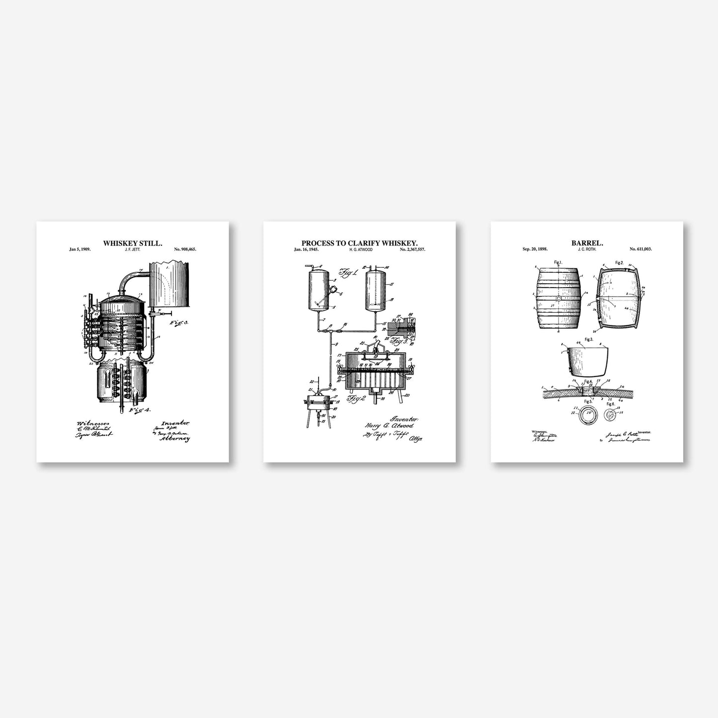 Whiskey Bourbon Patent Wall Art - Set of 3 Physical Prints