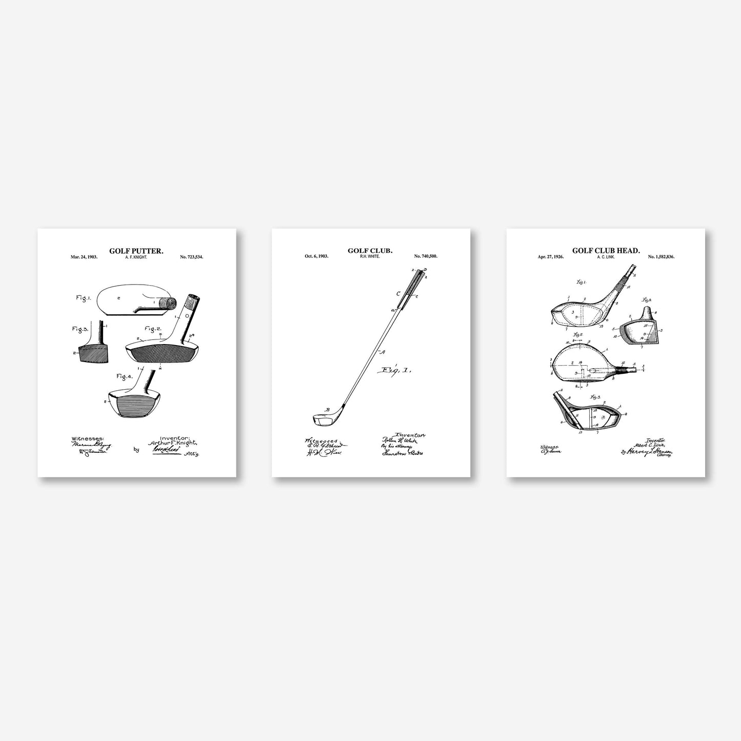 Golf Club Patent Print Wall Art - Set of 3 Physical Prints