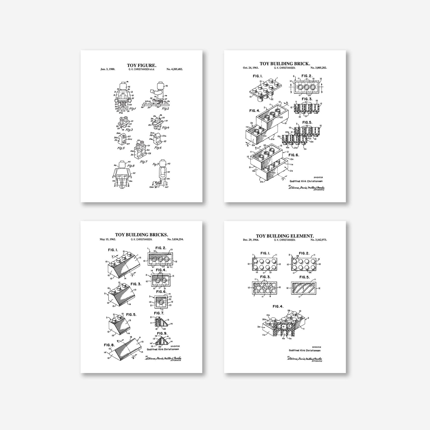 Toy Brick Patent Print Wall Art - Set of 4 Physical Prints