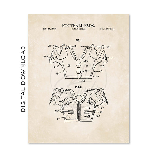 Patent illustration of football pads on a beige background with text and numbers.