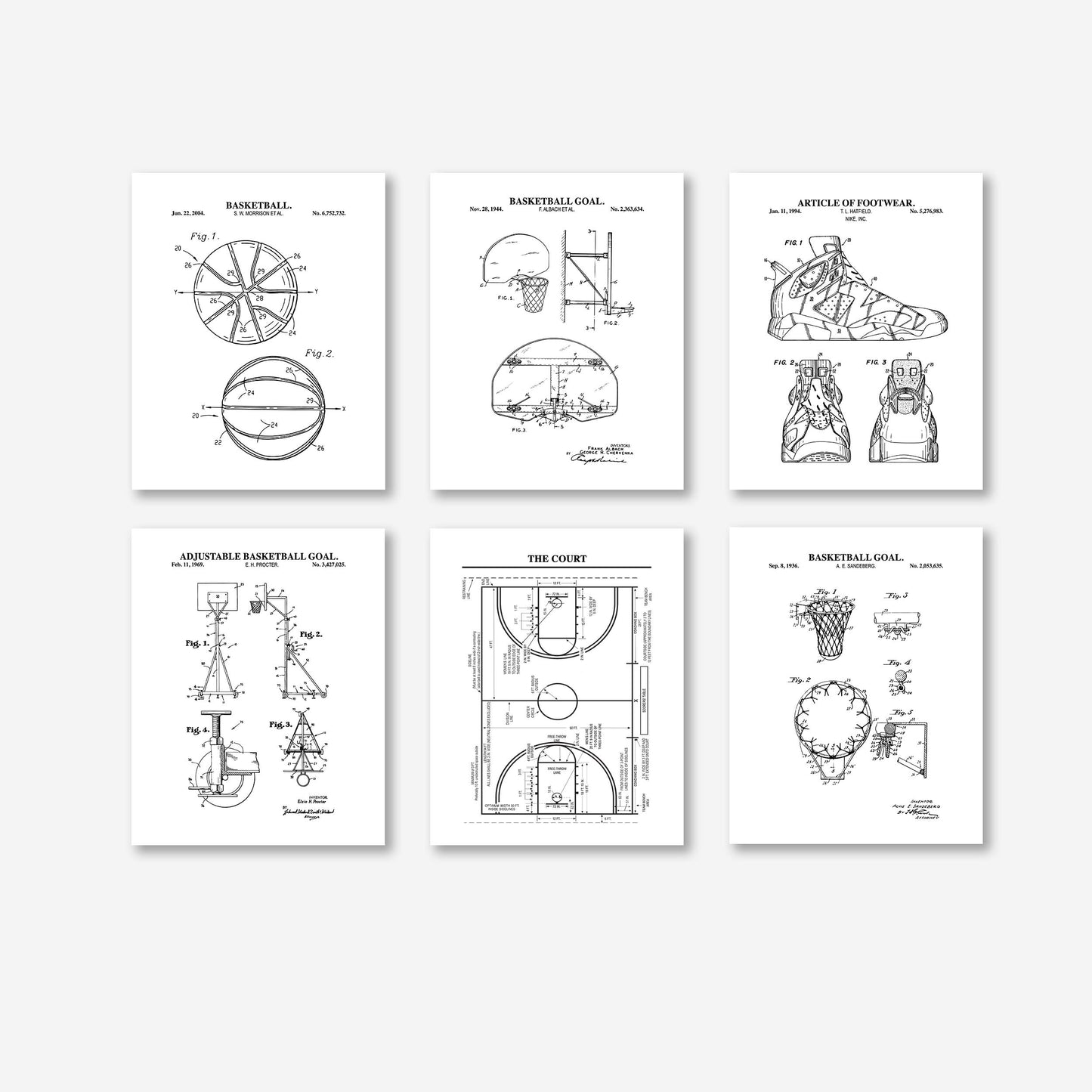 Basketball Patent Print Wall Art - Set of 6 Physical Prints