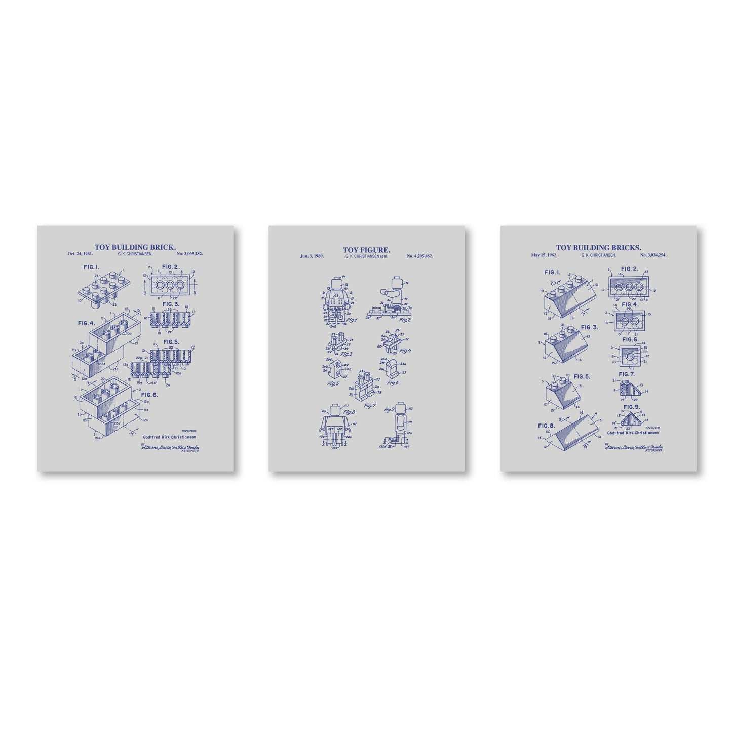 Toy Brick Patent Print Wall Art - Set of 3 Physical Prints