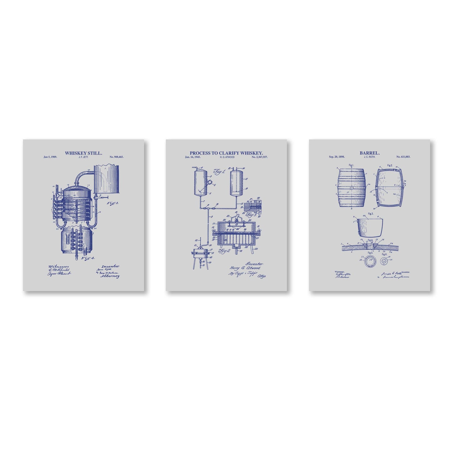 Whiskey Bourbon Patent Wall Art - Set of 3 Physical Prints