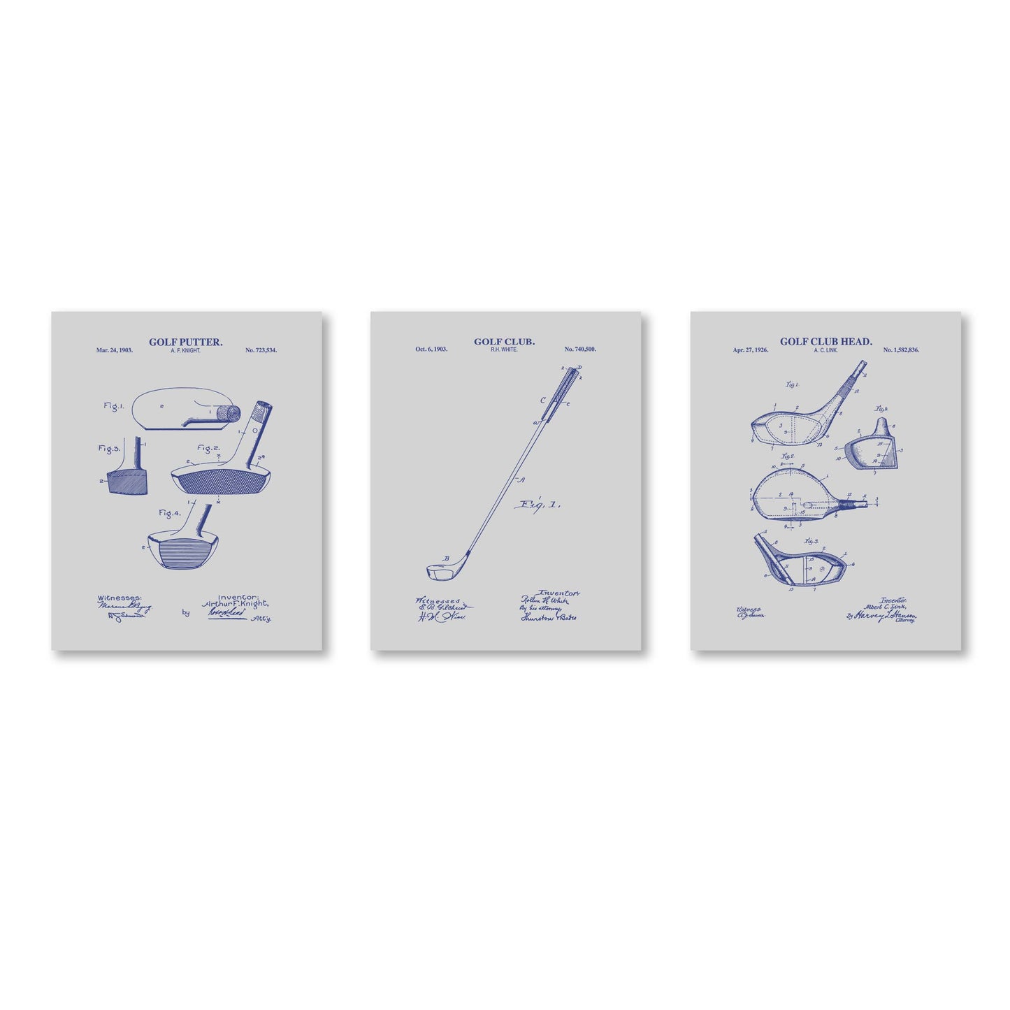 Golf Club Patent Print Wall Art - Set of 3 Physical Prints