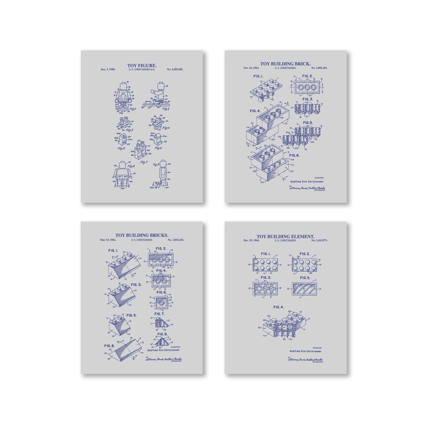 Toy Brick Patent Print Wall Art - Set of 4 Physical Prints