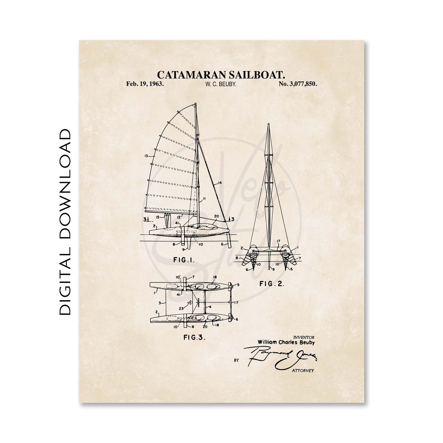 Nautical Sailing Patent Print Wall Art - Vintage Coastal Set of 6 - PRINTABLE DIGITAL DOWNLOAD