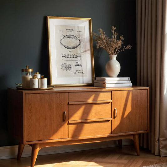 Wooden sideboard with decorative items including a framed poster of a football, vase, and books against a dark wall.