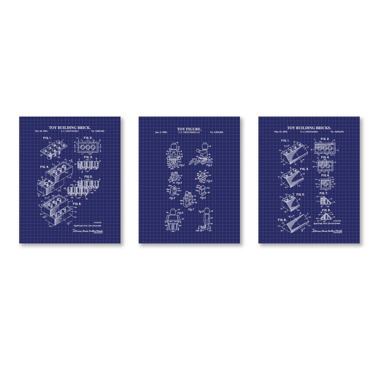 Toy Brick Patent Print Wall Art - Set of 3 Physical Prints