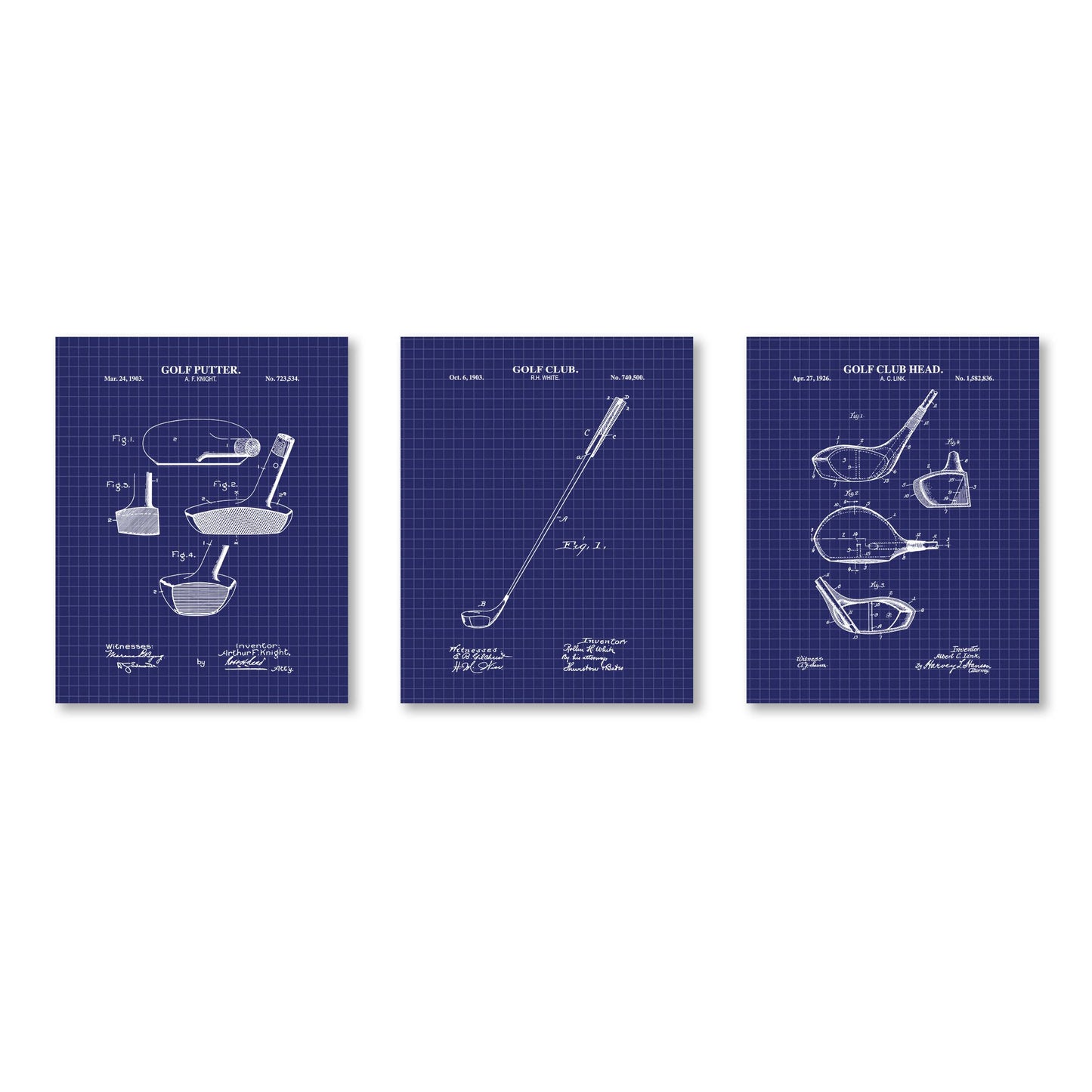 Golf Club Patent Print Wall Art - Set of 3 Physical Prints