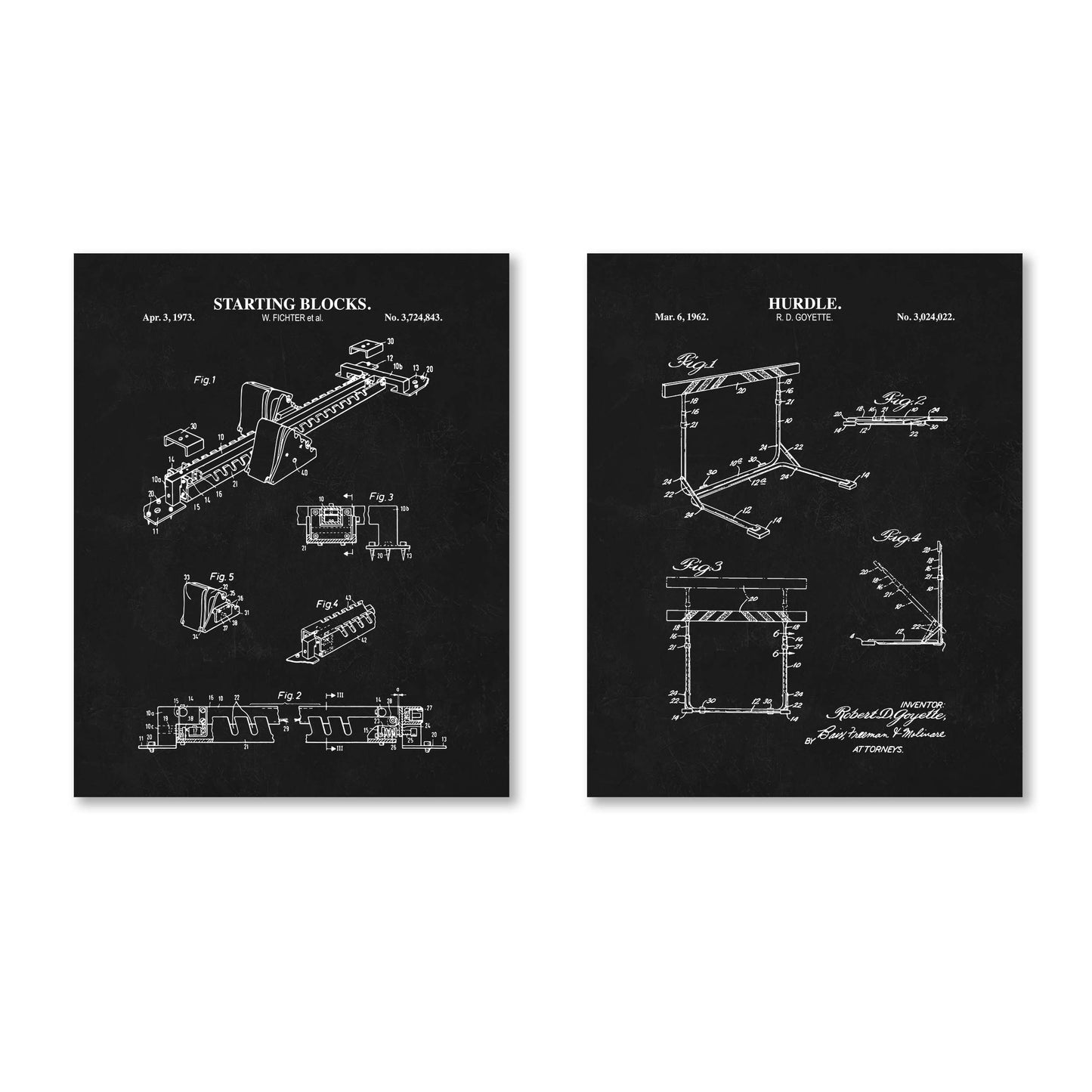 Track & Field Wall Art - Hurdle and Starting Blocks Patent Prints - Set of 2 Physical Prints