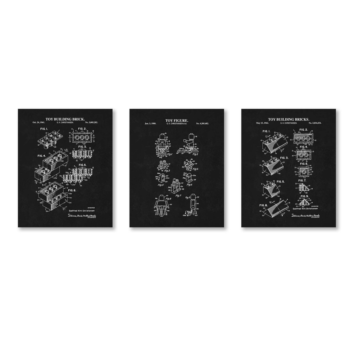 Toy Brick Patent Print Wall Art - Set of 3 Physical Prints