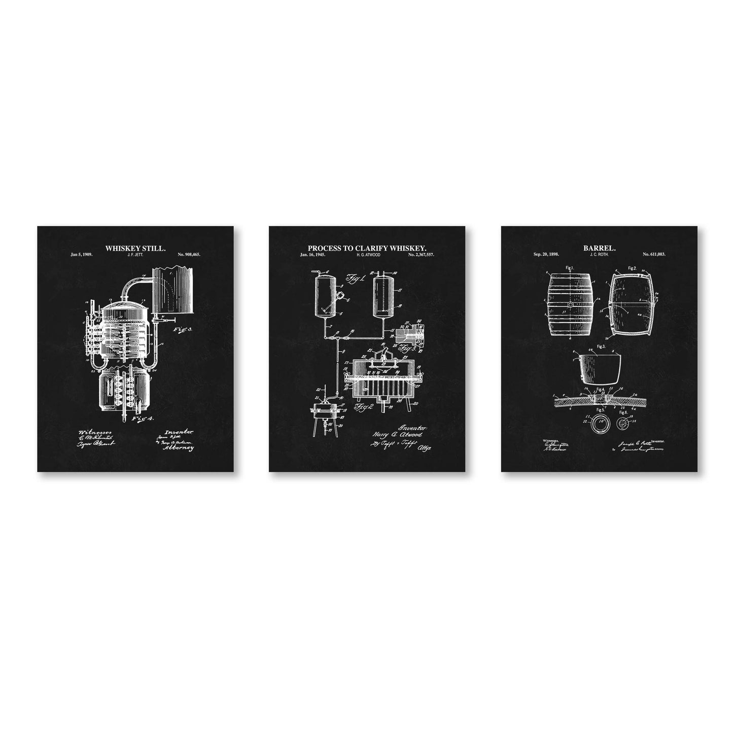 Whiskey Bourbon Patent Wall Art - Set of 3 Physical Prints