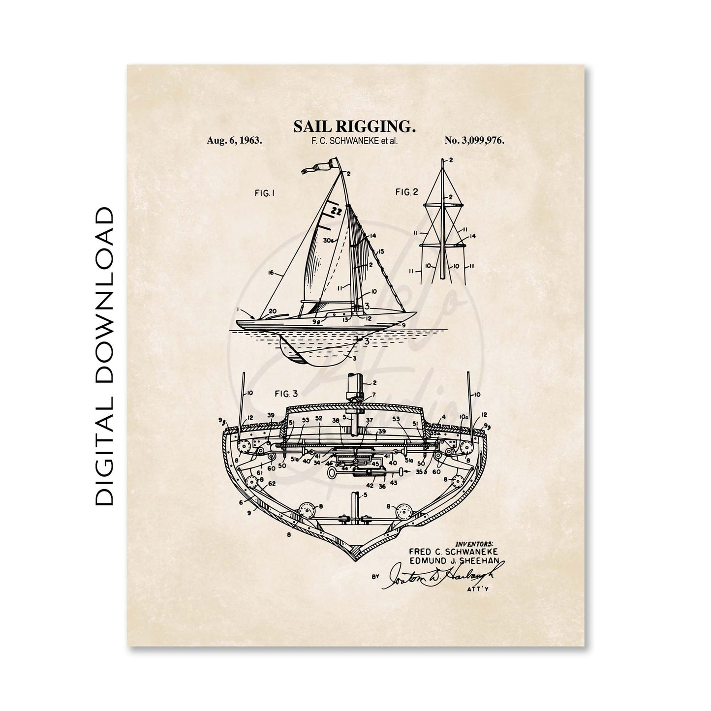Nautical Sailing Patent Print Wall Art - Vintage Coastal Set of 6 - PRINTABLE DIGITAL DOWNLOAD