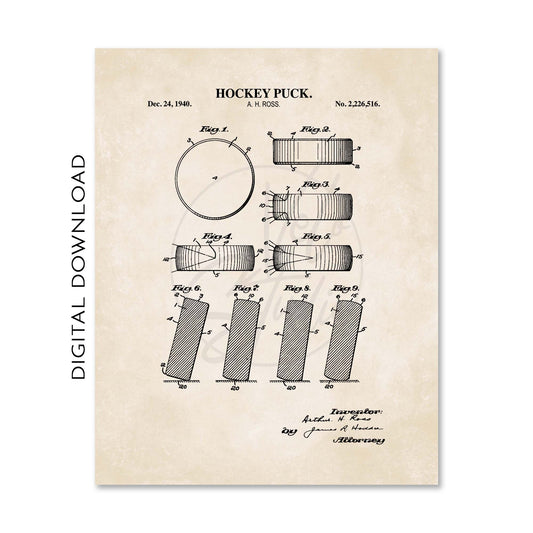 Hockey puck patent illustration on a beige background with 'Digital Download' text.
