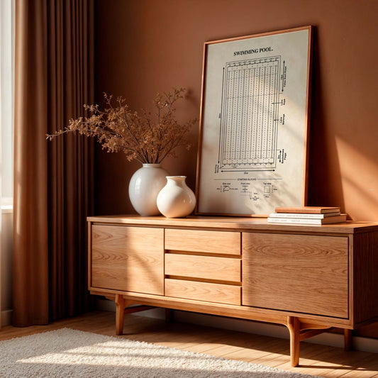 Wooden sideboard with a framed swimming pool diagram and decorative items against a brown wall