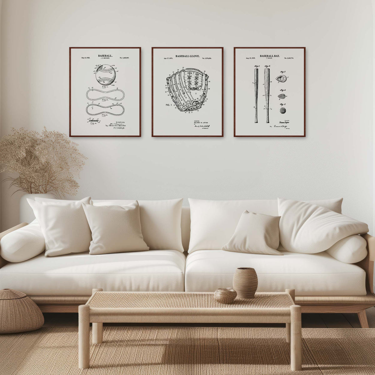 Baseball Patent Wall Art Set - Ball, Glove, Bat - Ready to Frame Prints