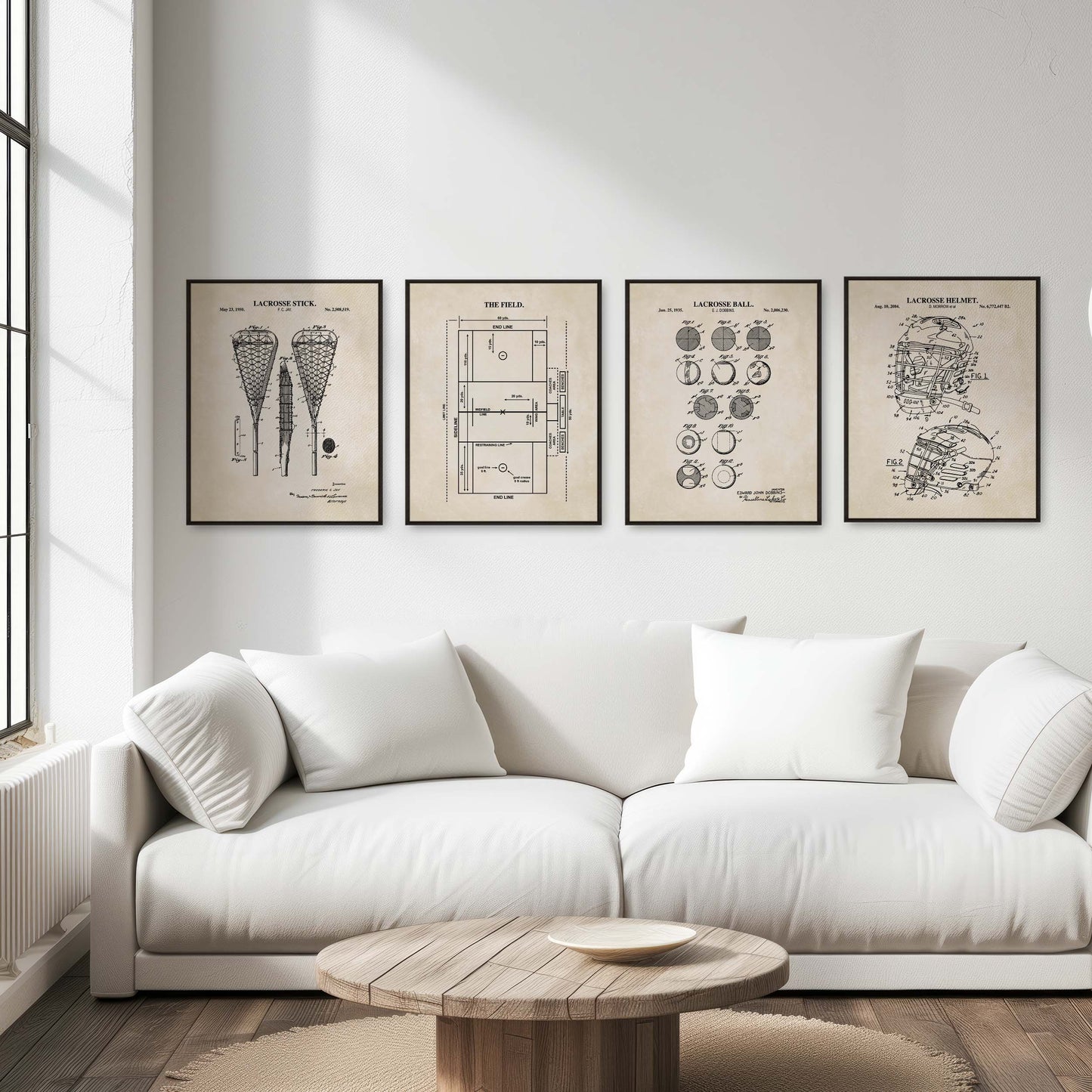 White sofa in a living room with framed lacrosse posters on the wall