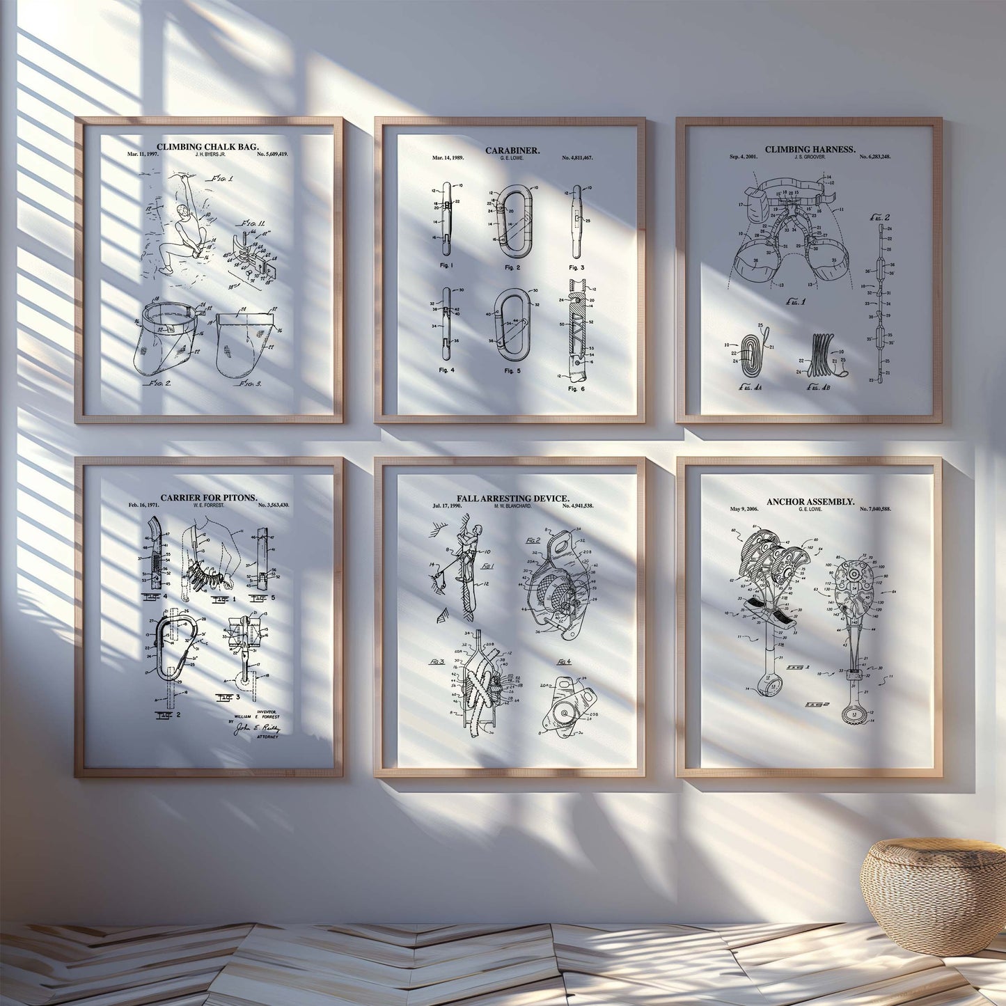 Rock Climbing Patent Wall Art - Set of 6 Ready to Frame Prints