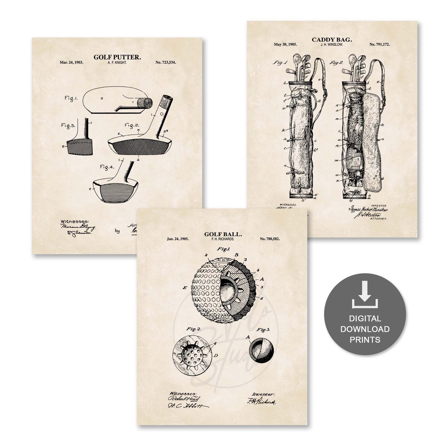 Set of three vintage-style golf patent prints on a white background