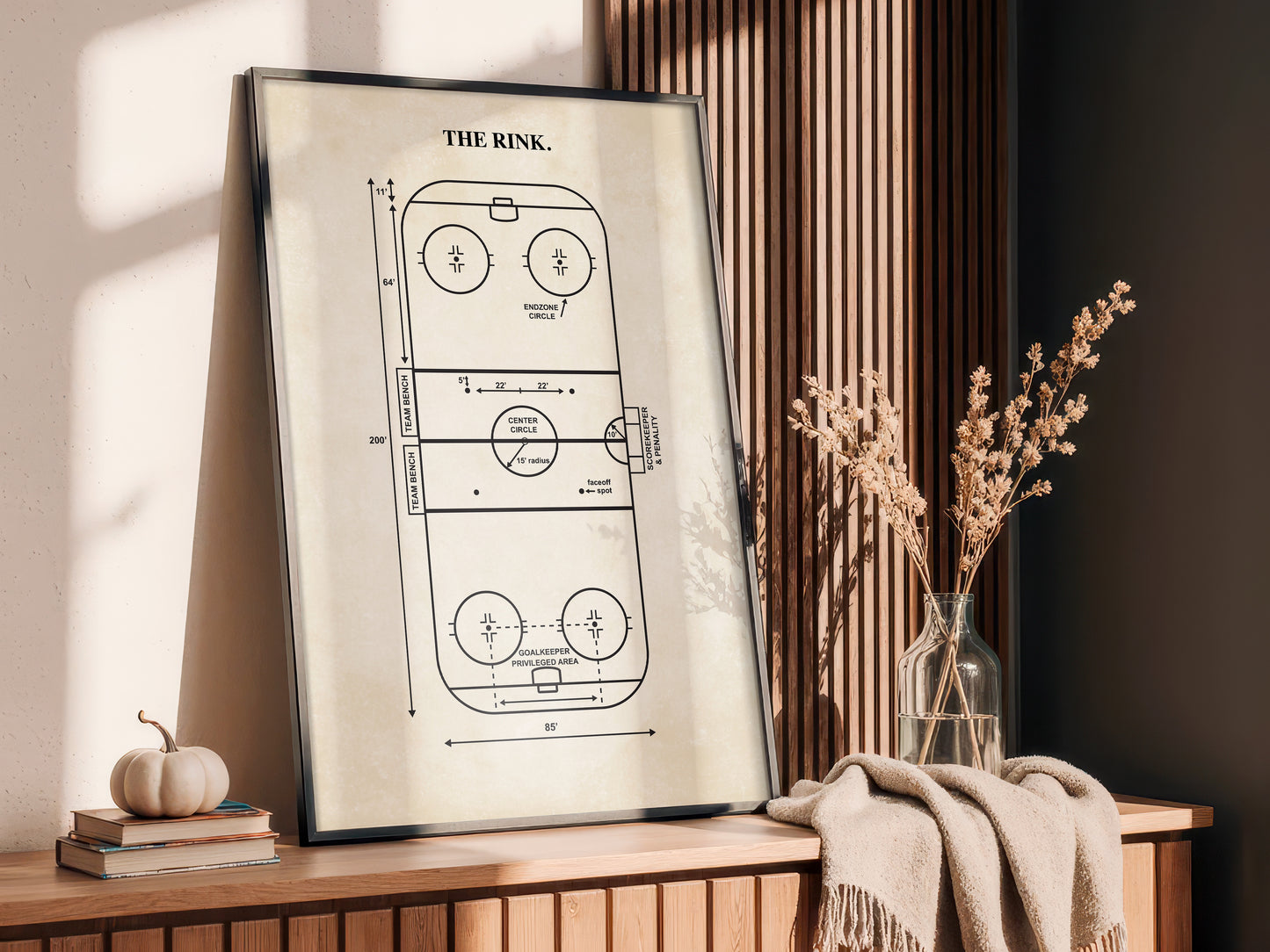 Framed hockey rink diagram on a wooden surface with decor elements.