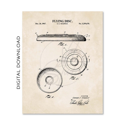 Vintage patent art print of a flying disc, featuring black technical drawings and text on a warm beige parchment-style background. The print includes the title 'FLYING DISC',