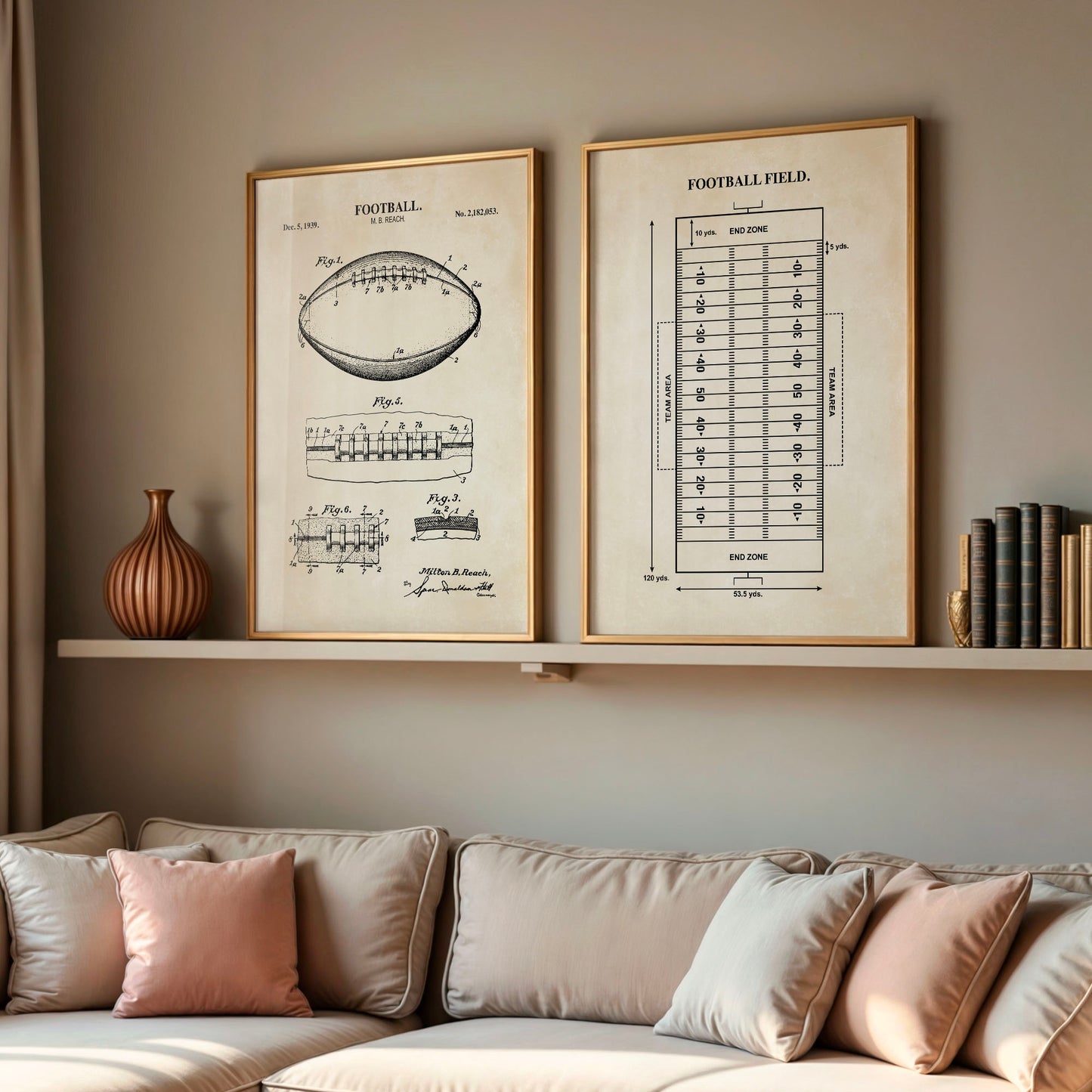 Football Wall Art Set - Football Patent & Field Diagram - Ready to Frame Prints