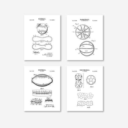 Baseball, Football, Basketball, Soccer Ball Patent Set | Classic Sports Blueprint Wall Art | Vintage Patent Art | Set of 4 Physical Prints