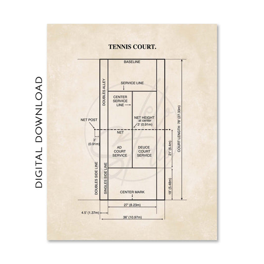 Tennis Wall Art | Tennis Court Diagram, Tennis Ball & Tennis Racket Patent Prints | Vintage Background | PRINTABLE DIGITAL DOWNLOAD