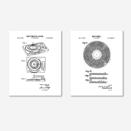 Vintage Vinyl Record Wall Art | Vinyl Record and Record Player Patent Prints | Music Room Decor | Unframed Set of 2 Physical Prints