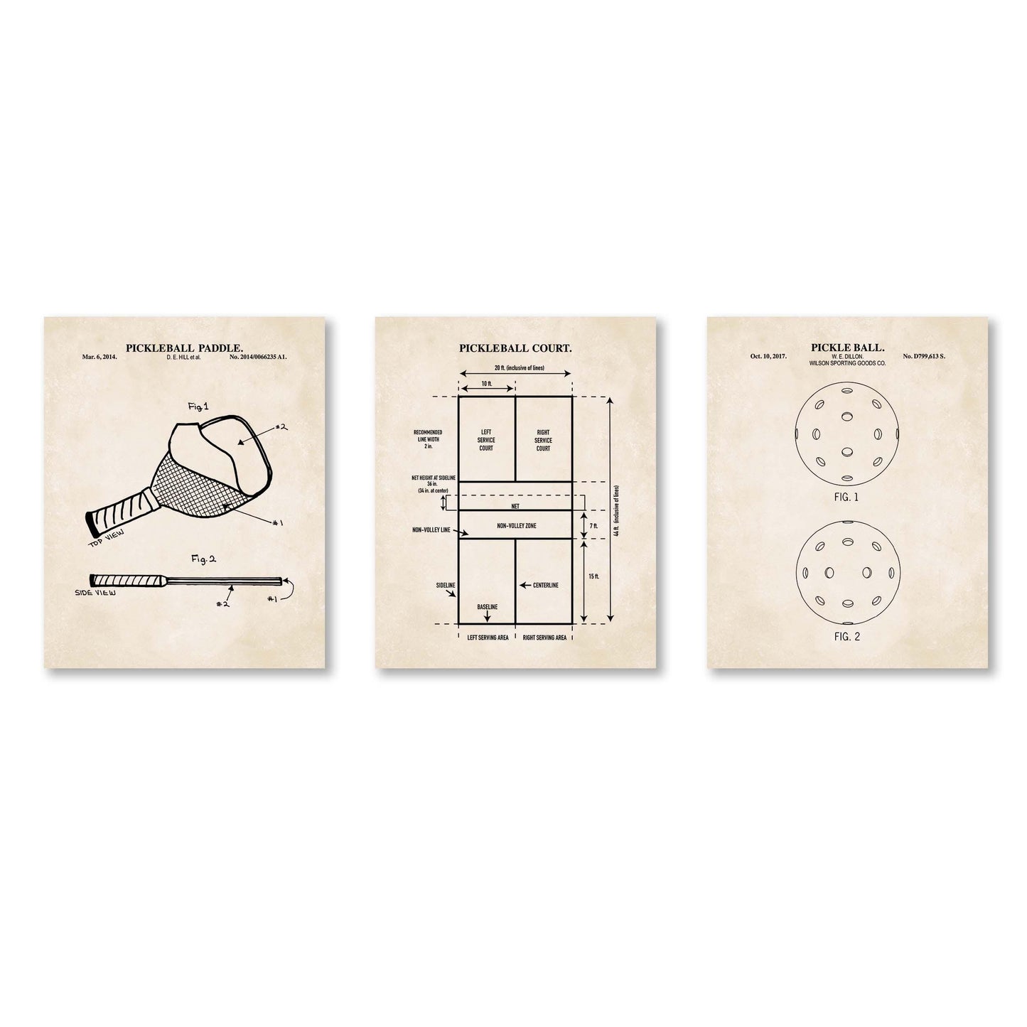 Pickleball Patent Wall Art Print Set | Pickle Ball Patent, Paddle Patent and Pickleball Court Diagram | Set of 3 Physical Prints