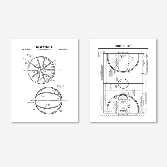 Basketball Patent Art Set | Basketball Court and Basketball Patent Prints | Basketball Wall Art | Unframed Set of 2 Physical Prints