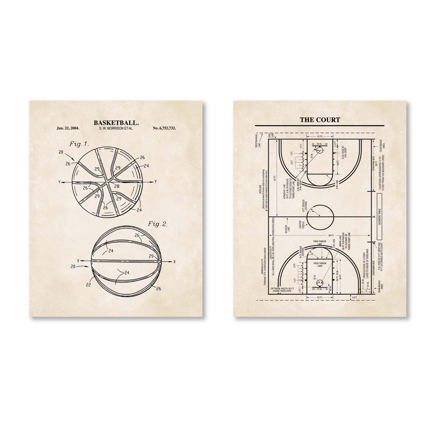 Basketball Patent Art Set | Basketball Court and Basketball Patent Prints | Basketball Wall Art | Unframed Set of 2 Physical Prints